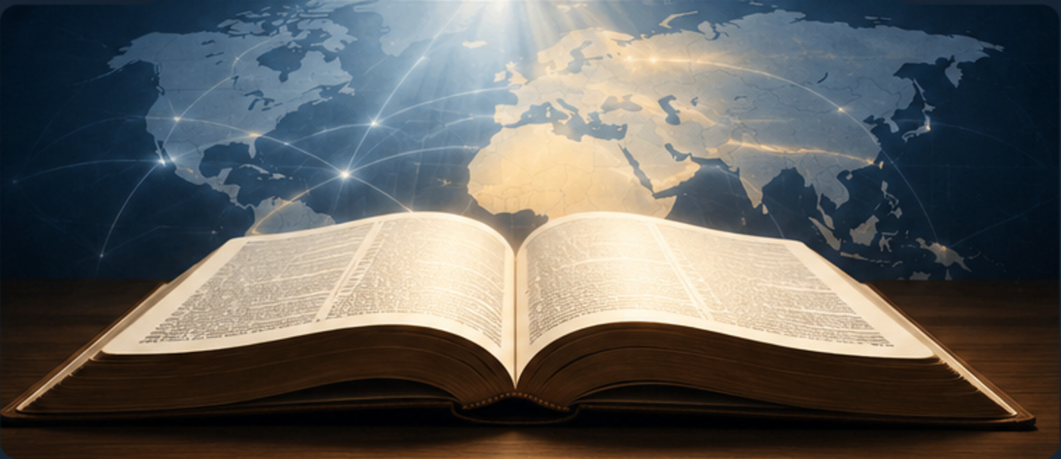An open Bible before a world map, representing the global reach of biblical truth