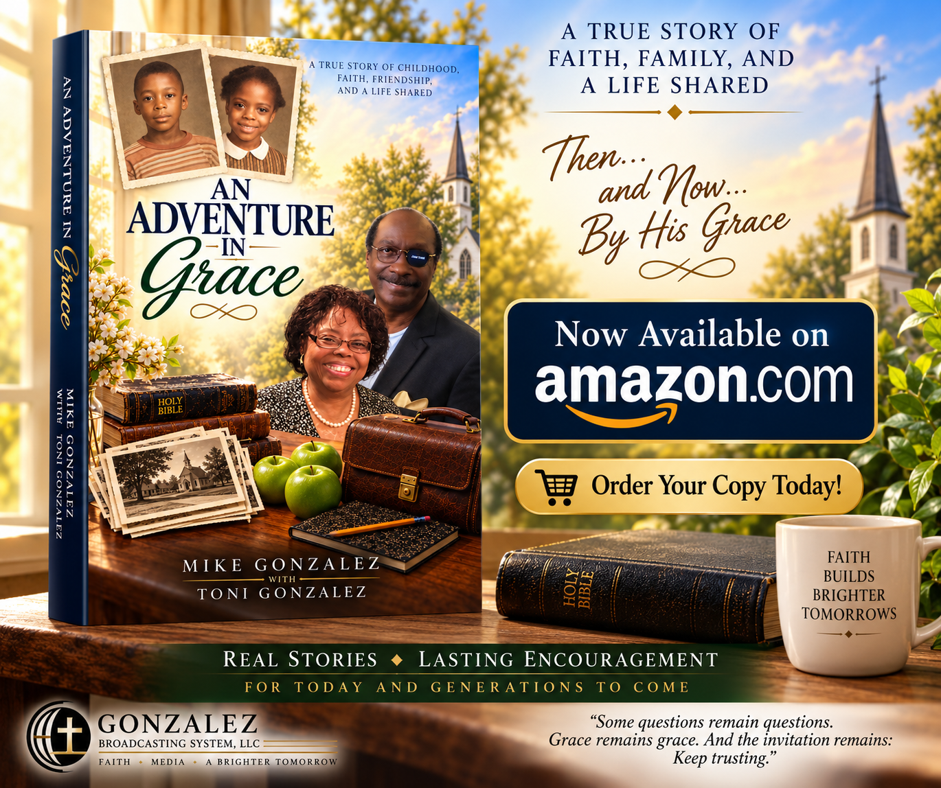 An Adventure in Grace promotional artwork featuring the book and its Amazon availability
