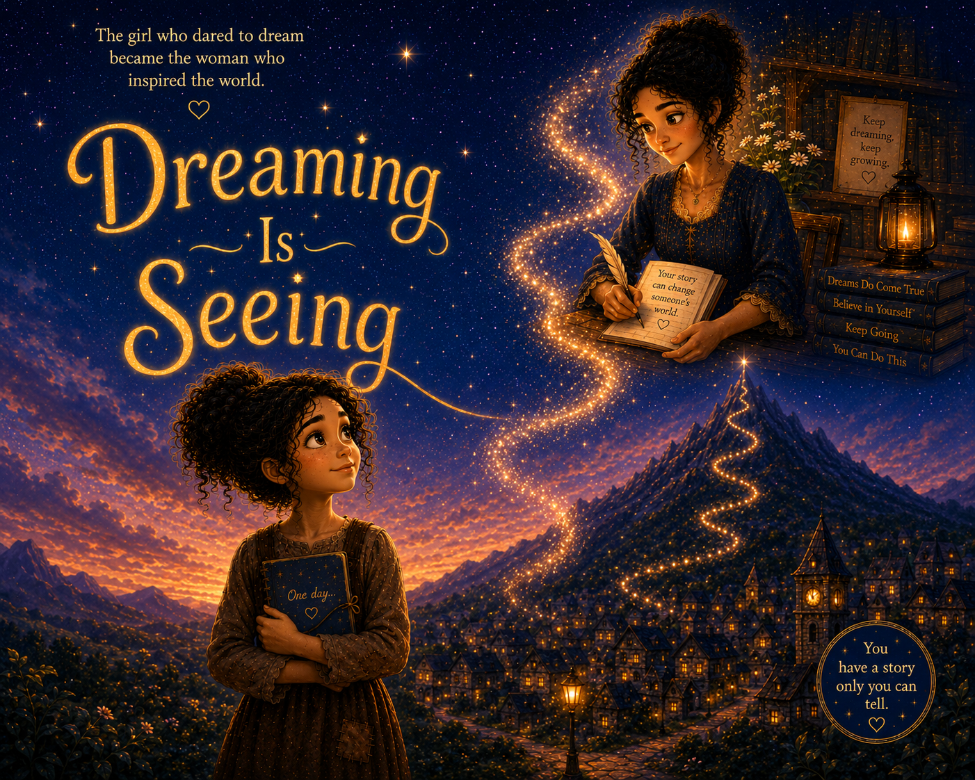 Dreaming Is Seeing promotional artwork showing Iris as a girl and as a woman beneath a star-filled sky